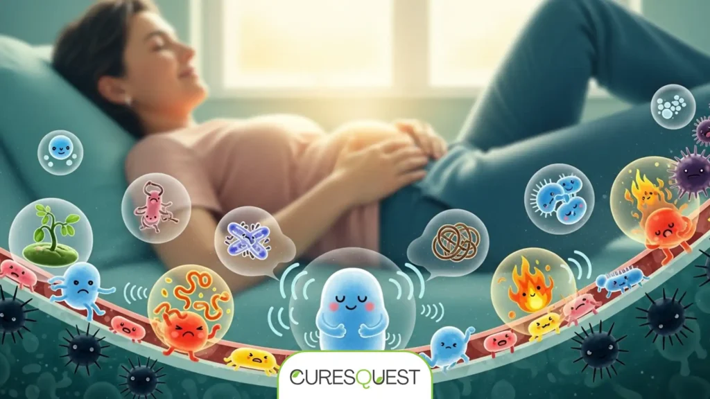 Probiotic bacteria supporting digestive health and alleviating symptoms like IBS, bloating, and constipation.