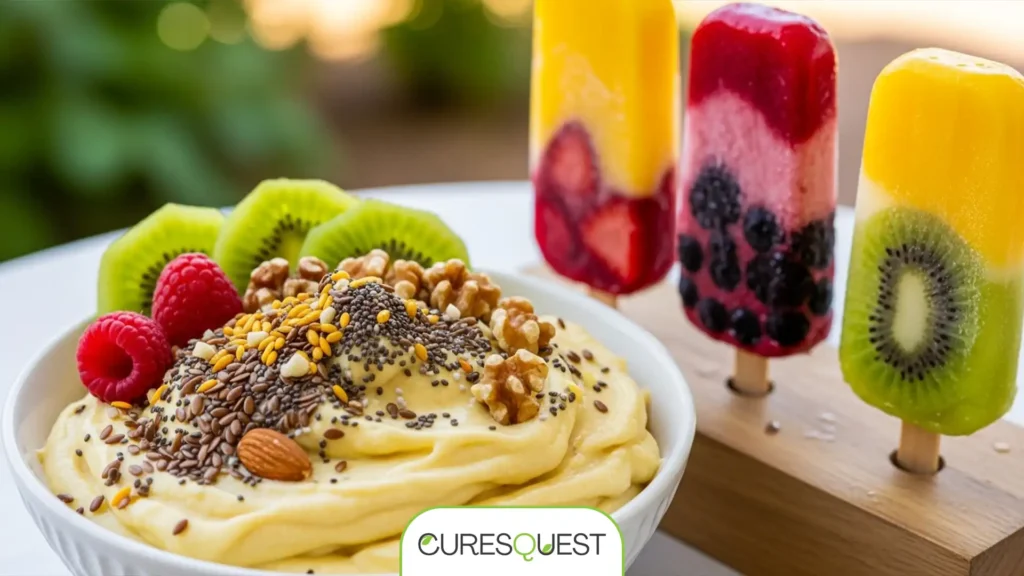 Refreshing frozen low sugar desserts like banana nice cream and fruit popsicles.