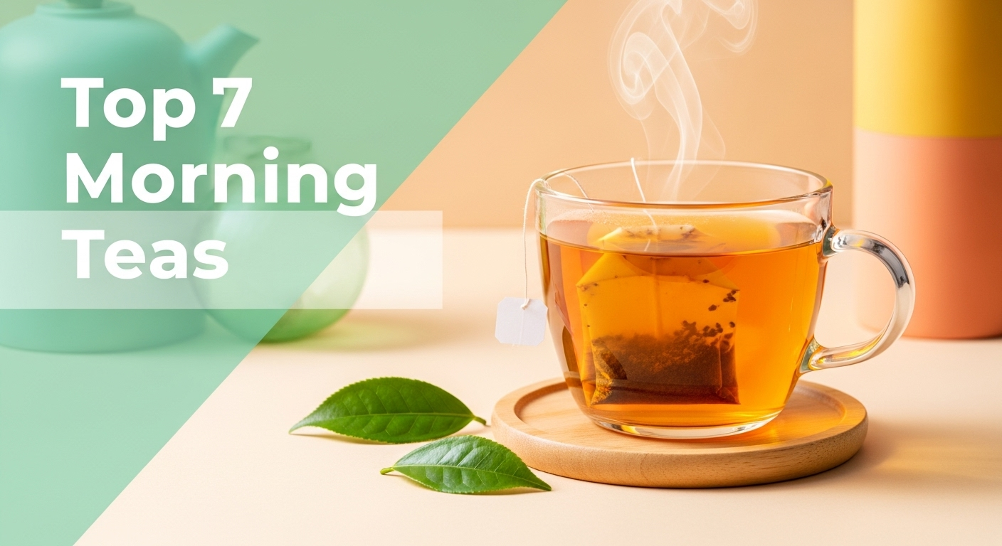 A glass mug with a steaming tea bag in it sits on a round wooden coaster. Fresh green tea leaves are next to the mug. In the background, a mint green teapot is blurred on the left, and a two-toned container is on the right. A graphic overlay reads "Top 7 Morning Teas"