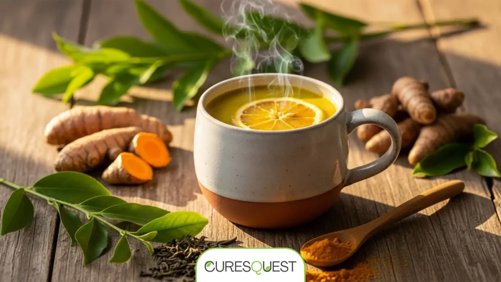 Vibrant golden turmeric green tea in a cozy setting, showcasing fresh turmeric roots and green tea leaves, embodying a natural wellness ritual and powerful antioxidant support.