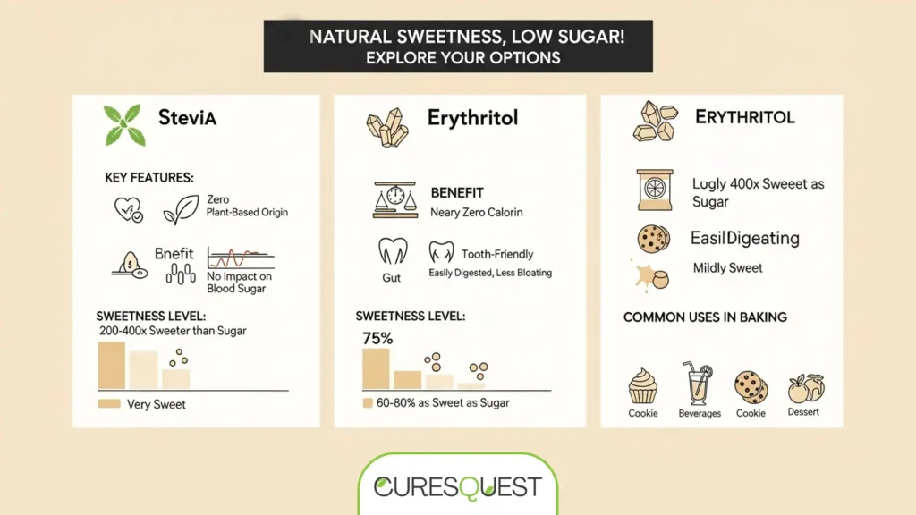 Visual comparison chart of natural low-sugar sweeteners like Stevia, Erythritol, and Monk Fruit.