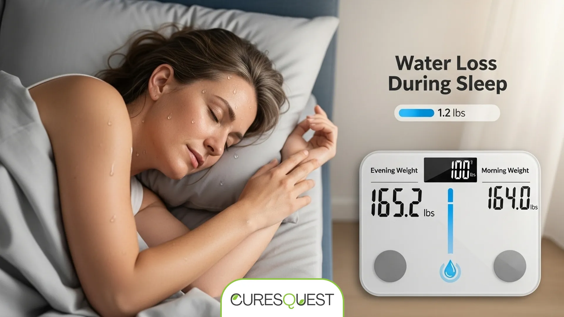infographic showing water weight loss during sleep, with a sleeping person, subtle sweat droplets, and a water container visually representing the water lost overnight.