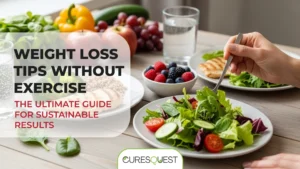 A vibrant, high-angle shot of a meticulously prepared healthy meal, featuring grilled chicken breast, a fresh green salad with cherry tomatoes, quinoa, and a side of mixed berries. This image perfectly illustrates key Weight Loss Tips Without Exercise: The Ultimate Guide for Sustainable Results by showcasing the importance of a nutritious, balanced diet.