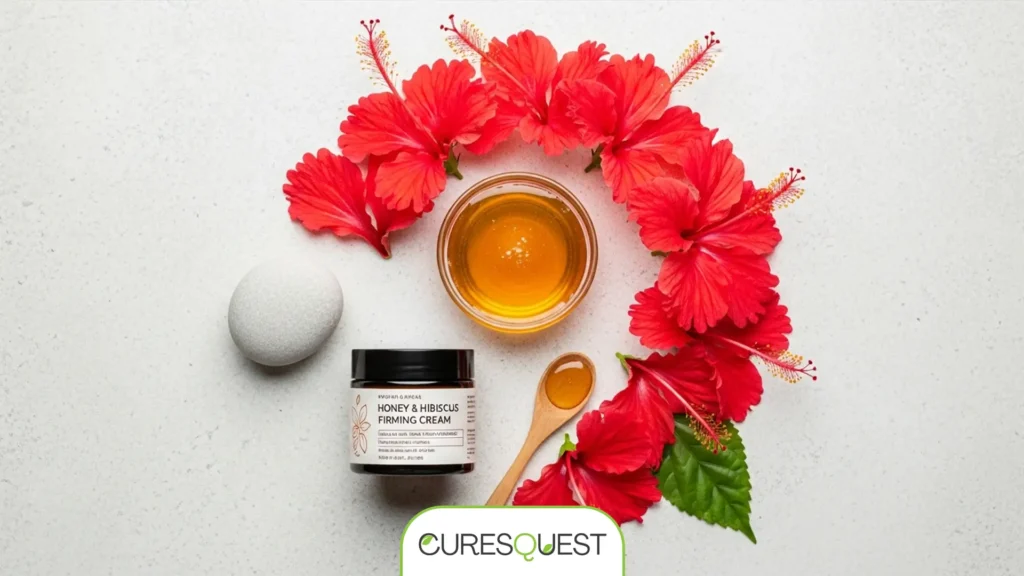 A flat lay of natural ingredients like hibiscus petals and honey, alongside a jar of firming cream, suggesting a natural beauty routine.