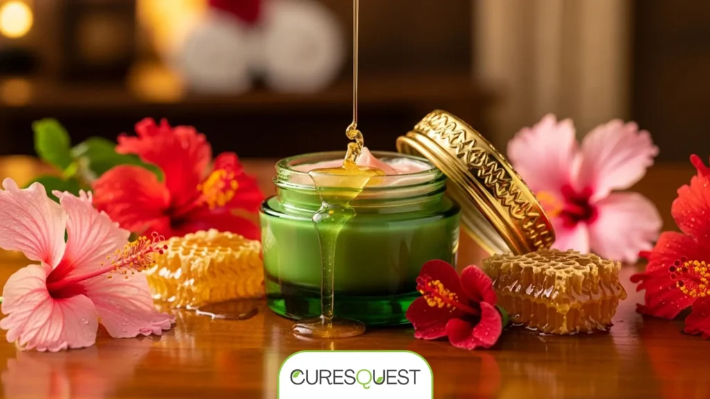 A jar of honey and hibiscus firming cream surrounded by natural hibiscus flowers and honey, emphasizing its botanical ingredients.
