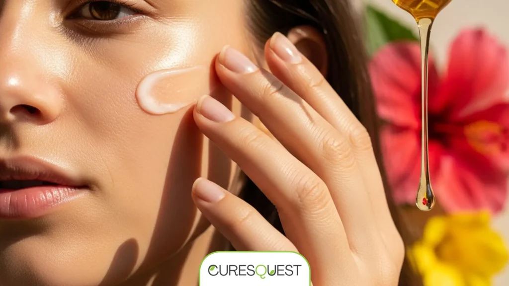 Close-up of a woman's hand delicately applying a luxurious honey and hibiscus firming cream, showcasing its rich texture for improved skin elasticity and radiance. This image emphasizes the natural ingredients and the cream's anti-aging benefits for a youthful, supple complexion.