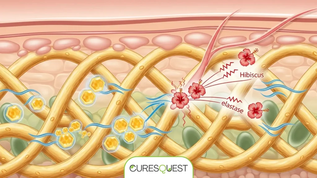 Illustrated diagram showing honey and hibiscus firming cream's action on skin, strengthening collagen and elastin for improved elasticity.