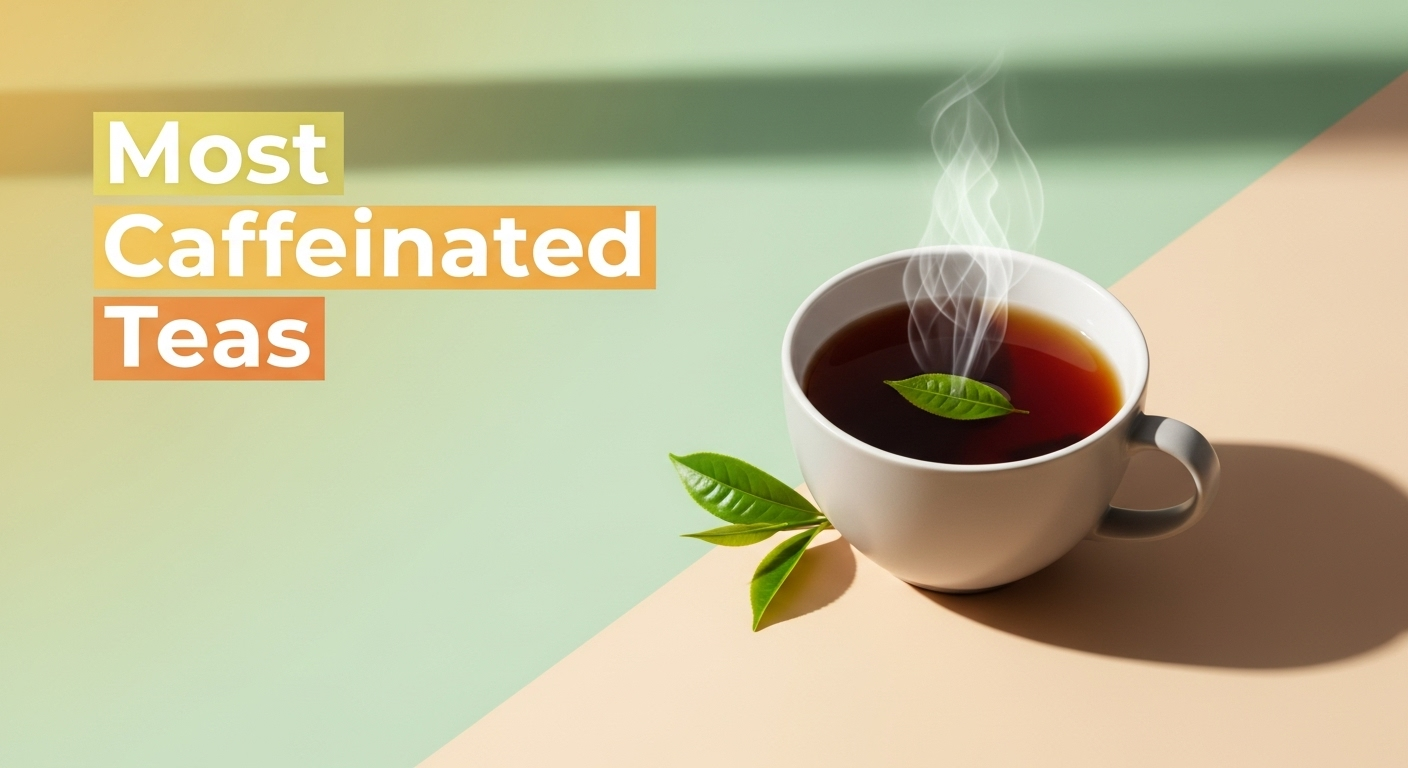 An image illustrating what tea has the most caffeine. The left side features a light green background with the text 'Most Caffeinated Teas' in white and orange boxes. The right side has a light tan background, showcasing a white cup of steaming dark tea with a single green tea leaf floating in it. Two fresh green tea leaves rest on the surface next to the cup.