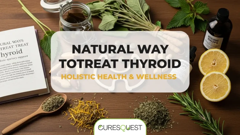 A comprehensive flat lay illustrates a Natural Way to Treat Thyroid, featuring a book, a wooden thyroid model, iodine drops, Brazil nuts, fresh and dried herbs, and other supplements arranged on a warm wooden surface.