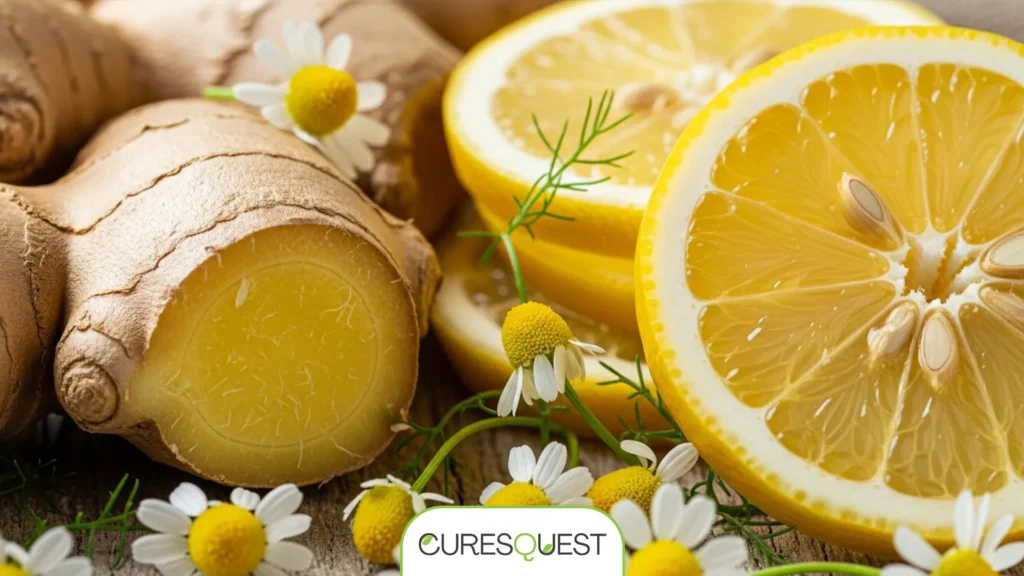 Fresh ginger, lemon, and chamomile, key ingredients for natural remedies for sore throat during pregnancy.