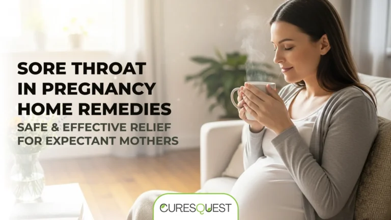 Pregnant woman enjoying warm tea, demonstrating safe and effective sore throat in pregnancy home remedies.