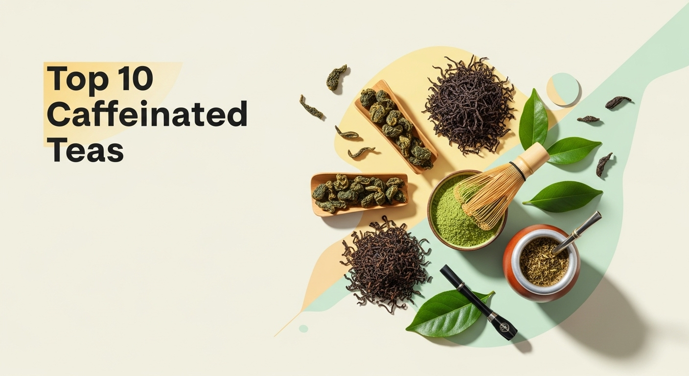 An image illustrating a variety of caffeinated teas, showcasing their diverse forms. The title "Top 10 Caffeinated Teas" is prominently displayed in the upper left corner. The image features several types of tea, including loose-leaf black tea, green tea powder (matcha) with a traditional whisk, and yerba mate in a gourd with a straw. The different teas are arranged on a white and light green background.