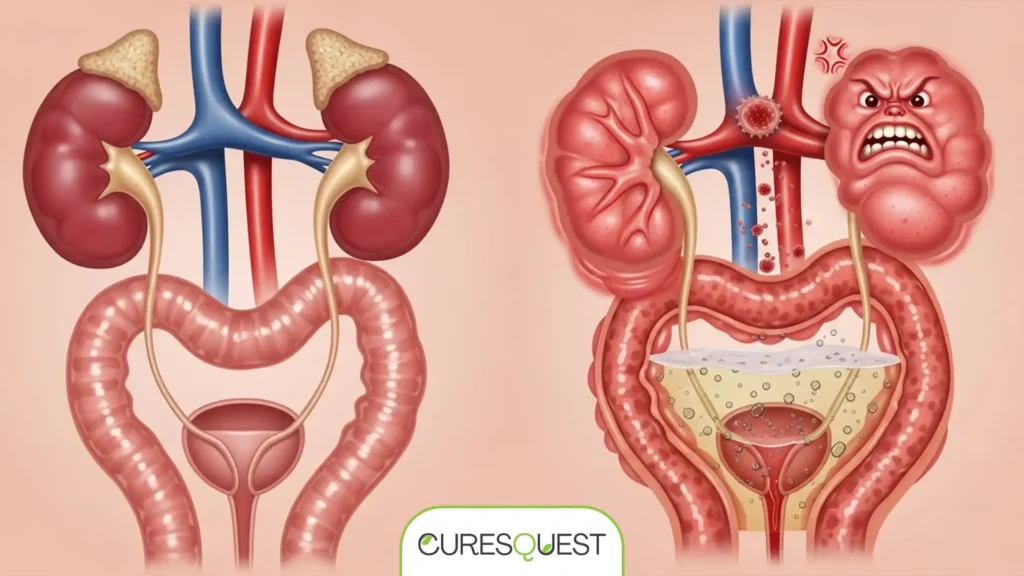 A visual comparison of a healthy urinary tract versus an inflamed and infected urinary tract, highlighting the effects of a UTI.