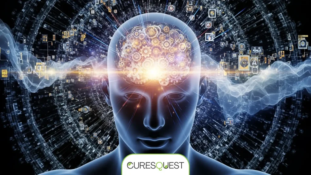 Abstract illustration of critical thinking, showing a person's head with interconnected gears symbolizing analytical thought amidst a swirl of digital information.