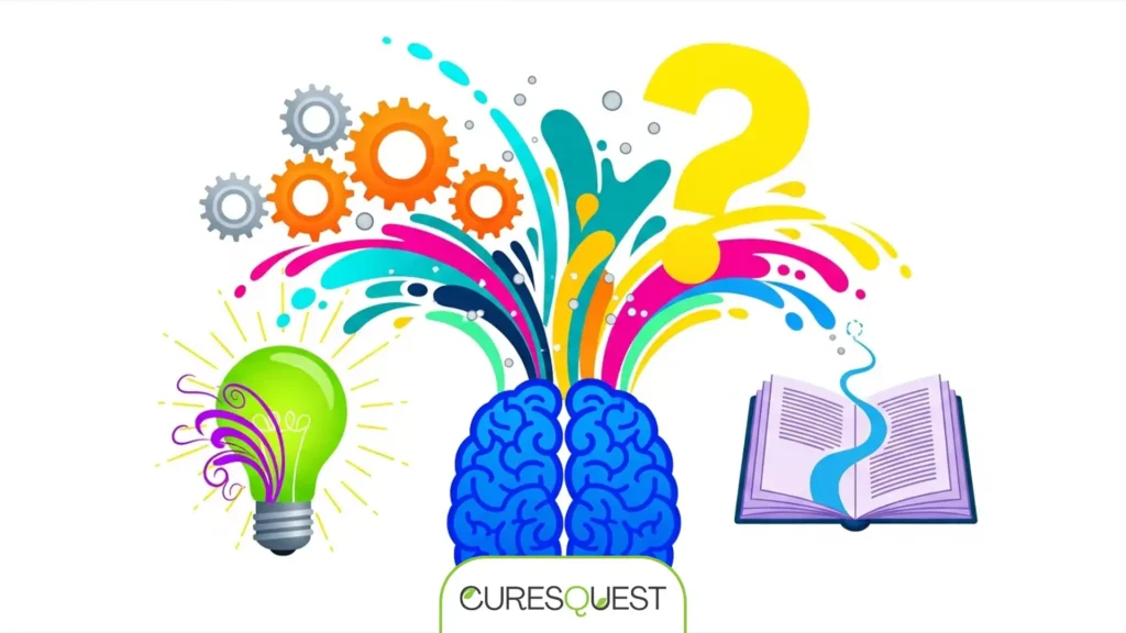 Abstract illustration showing interconnected symbols of curiosity, critical thinking, creativity, and lifelong learning radiating from a brain, representing comprehensive intellectual health.
