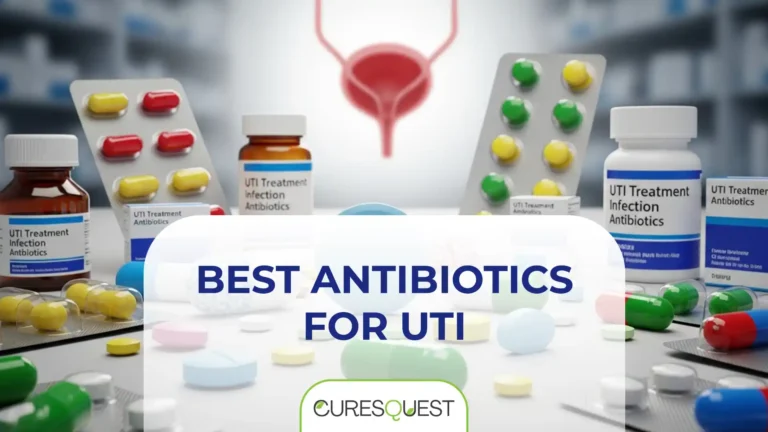 Best Antibiotics for UTI treatment. A close-up shot of various bottles and blister packs of prescription antibiotics and pills, with a blurred anatomical diagram of the urinary bladder in the background.