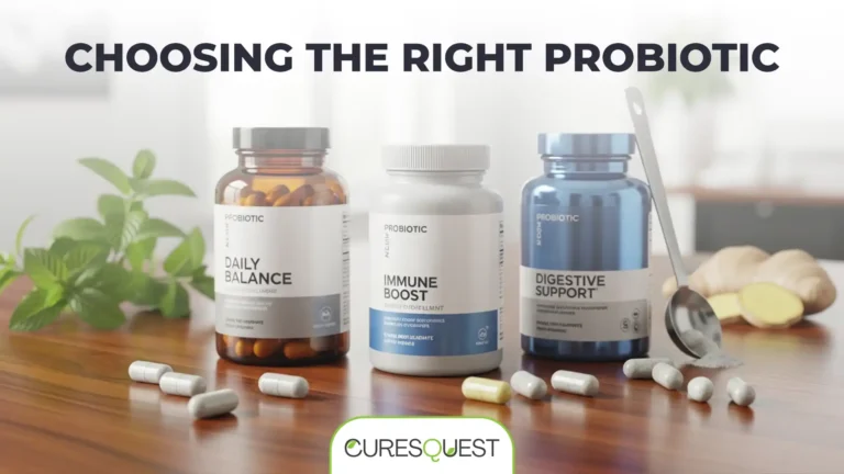 Three probiotic bottles ("Daily Balance," "Immune Boost," "Digestive Support") sit on a table under the title, "CHOOSING THE RIGHT PROBIOTIC," with loose capsules, powder, ginger, and mint visible. The logo "CURESQUEST" is at the bottom.