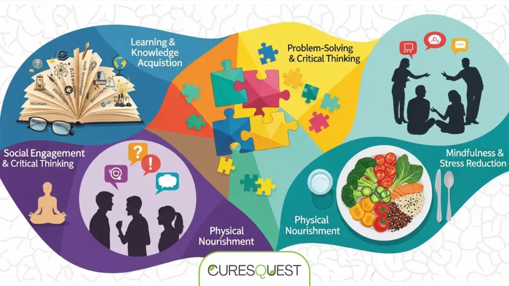 Collage depicting key pillars of intellectual health: reading, puzzles, discussion, healthy food, and meditation, illustrating a holistic approach to cognitive wellness.