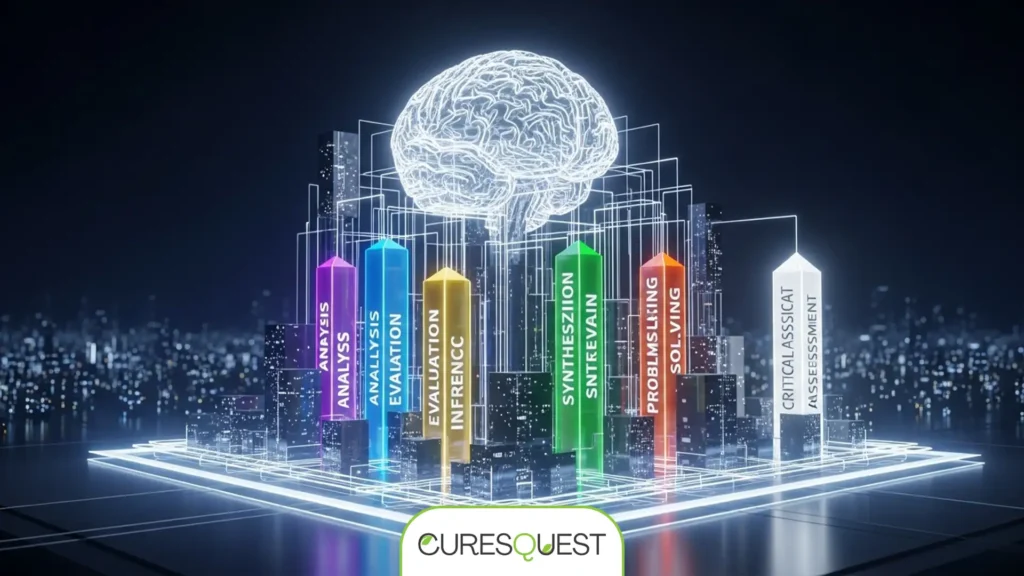 Diagram illustrating the core components of critical thinking as interconnected pillars forming an intellectual framework, including analysis, evaluation, and inference.