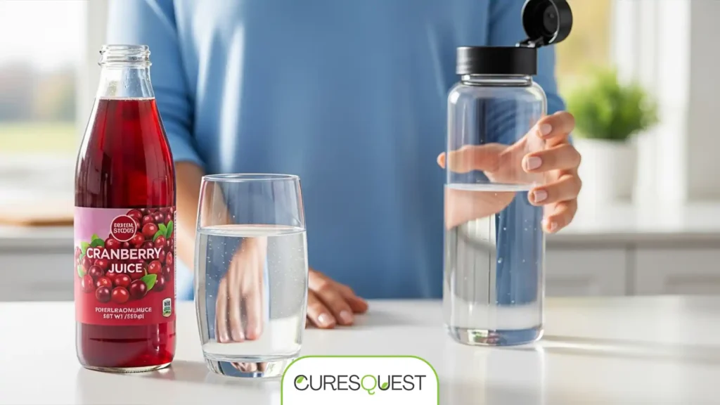 Glass of water, cranberry juice, and hand reaching for water bottle for UTI prevention