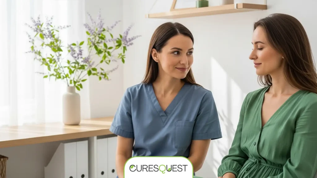 Healthcare professional advising a woman on chaste berry tea use