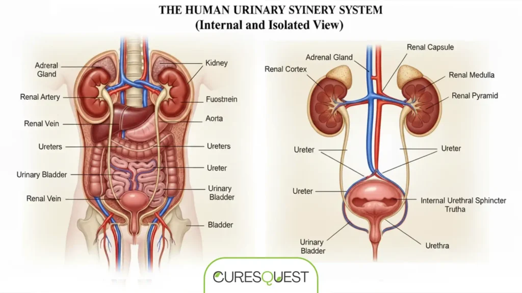 A visual comparison of a healthy urinary tract versus an inflamed and infected urinary tract, highlighting the effects of a UTI.