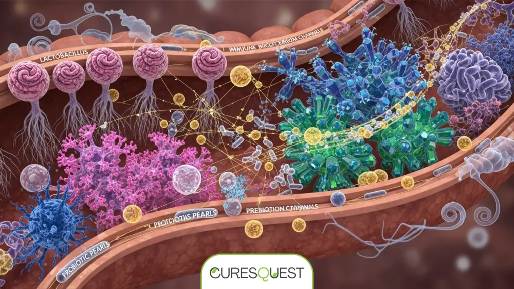 Illustration of a healthy gut microbiome with diverse beneficial bacteria.