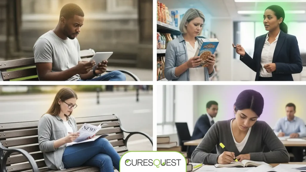 People making informed decisions in daily life, illustrating critical thinking in scenarios like reading news, making health choices, and workplace problem-solving.