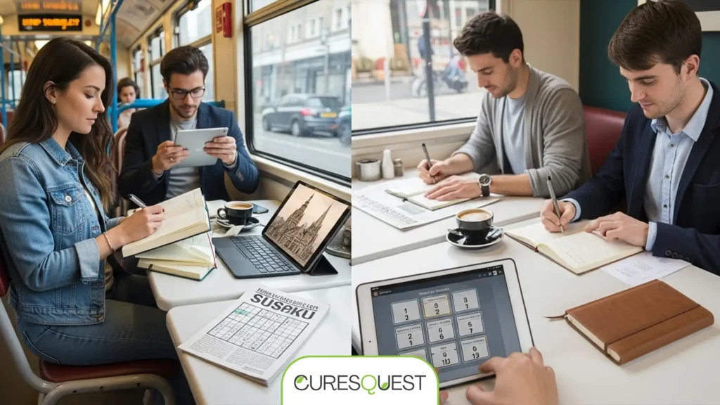 Person engaging in daily intellectual health activities like reading, journaling, and solving puzzles, showing practical strategies integrated into a modern lifestyle.