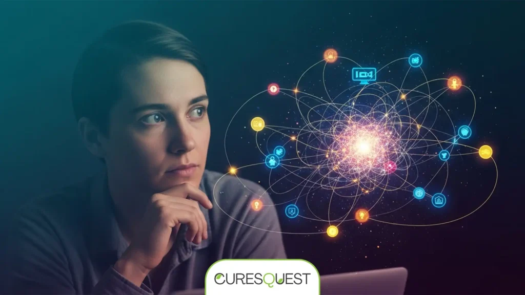 Person with a thoughtful expression solving a complex problem, symbolizing enhanced problem-solving skills and mental clarity from good intellectual health.