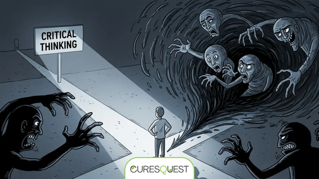Symbolic image of overcoming cognitive biases, showing a person choosing a clear, illuminated path of critical thinking over a shadowy path of biased thought.