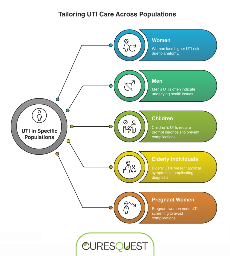 Infographic titled 'Tailoring UTI Care Across Populations.' The diagram highlights key differences in Urinary Tract Infection (UTI) presentation across five specific demographic groups: Women face a higher UTI risk due to anatomy. Men's UTIs often indicate underlying health issues. Children's UTIs require prompt diagnosis to prevent complications. Elderly Individuals present atypical symptoms, complicating diagnosis. Pregnant Women need UTI screening to avoid complications.