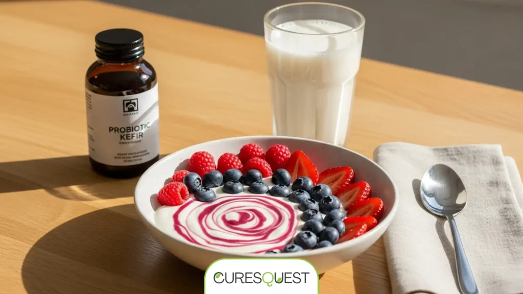 Healthy breakfast with fermented foods and a probiotic supplement.