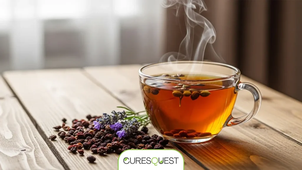 A cup of chaste berry tea with dried Vitex berries and lavender flowers