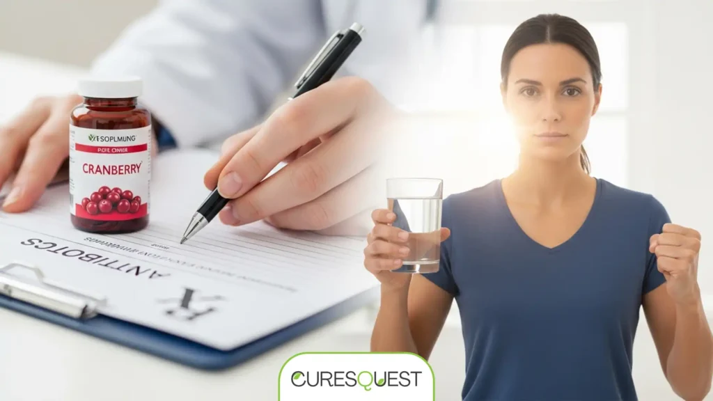 A person drinking water and considering supplements, while a doctor writes an antibiotic prescription, illustrating comprehensive UTI treatment.