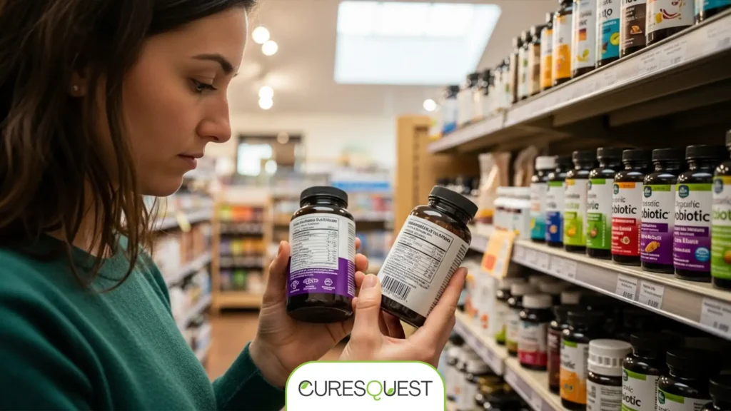 Person comparing probiotic supplement labels in a store.